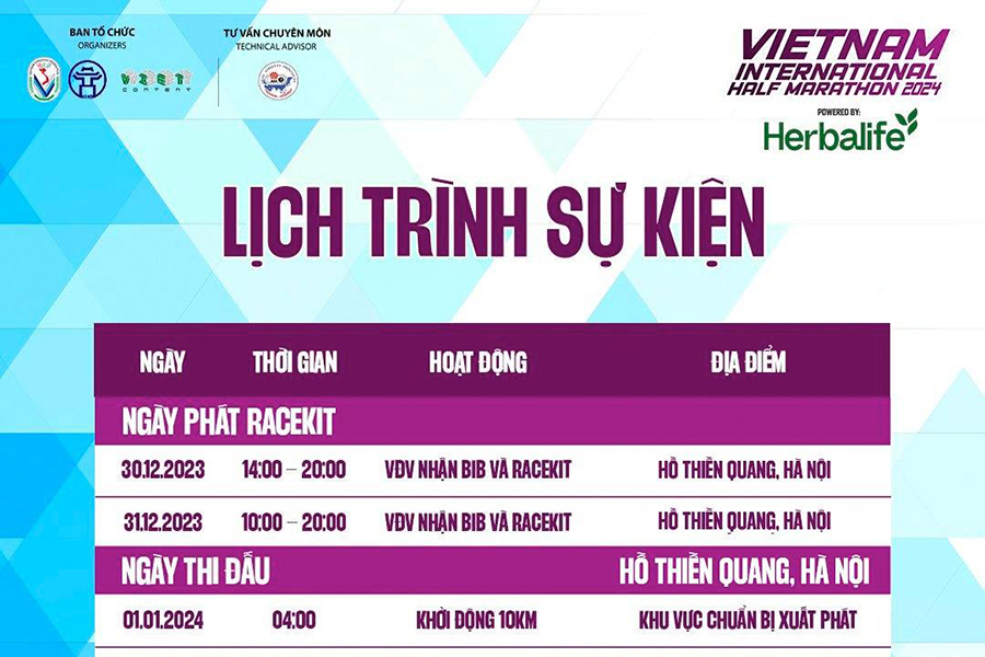 Lịch trình chính thức của Giải Bán Marathon Quốc tế Việt Nam 2024 tài trợ bởi Herbalife Lịch trình chính thức của Giải Bán Marathon Quốc tế Việt Nam 2024 tài trợ bởi Herbalife