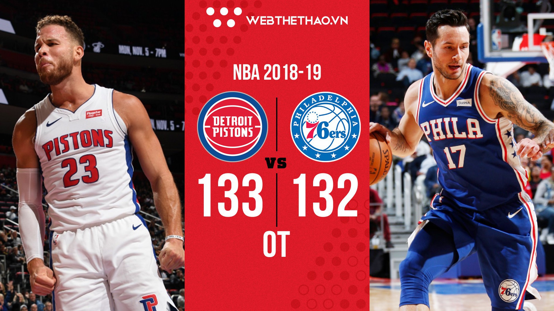 Blake Griffin trở thành cầu thủ đầu tiên có trận ghi 50 điểm ở NBA 2018-19 khiến 76ers của Joel Embiid không thể chống đỡ