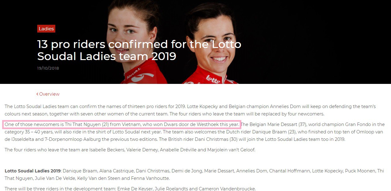 Nguyễn Thị Thật đầu quân cho CLB chuyên nghiệp châu Âu Lotto Soudal mùa giải 2019 - Ảnh 1. Nguyễn Thị Thật đầu quân cho CLB chuyên nghiệp châu Âu Lotto Soudal mùa giải 2019 - Ảnh 1.