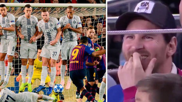 Phản ứng khó đỡ của Messi khi chứng kiến pha chặn sút phạt hài hước của sao Inter Milan