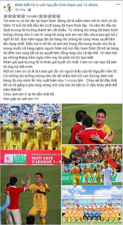 Đinh Viết Tú viết tâm thư chia tay Nam Định trong nước mắt - Ảnh 1.
