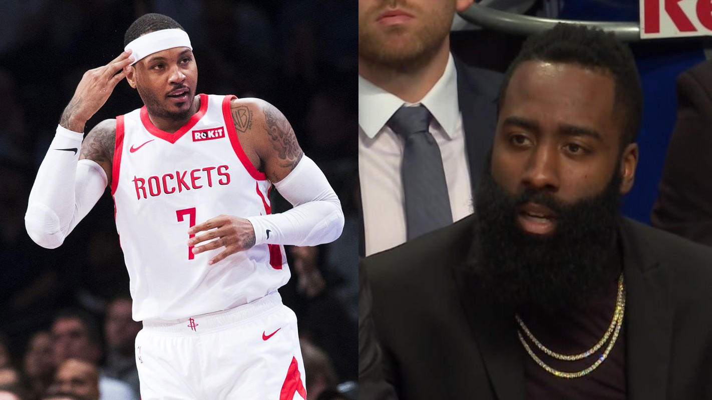 Đã không thể vào sân thi đấu, James Harden còn phản ứng "cạn lời" khi thấy Carmelo Anthony hồi xuân thế này đây