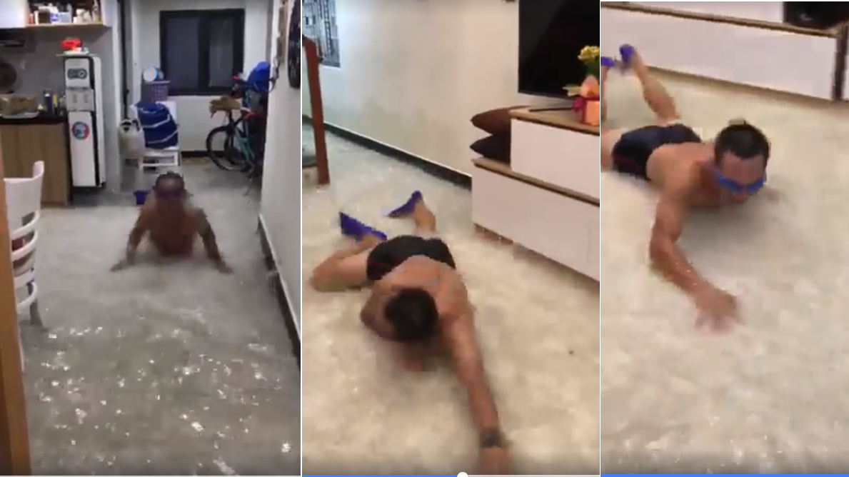 Cười bể bụng runner Đà Nẵng trổ tài bơi trong nhà ngập lụt