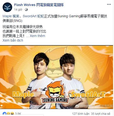 Chuyển nhượng LMHT: Maple và SwordArt chia tay Flash Wolves đến với đội hình Suning Gaming - Ảnh 1.