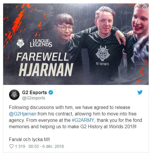 Chuyển nhượng LMHT: Hjarnan chính thức rời G2 Esports - Ảnh 1. Chuyển nhượng LMHT: Hjarnan chính thức rời G2 Esports - Ảnh 1.