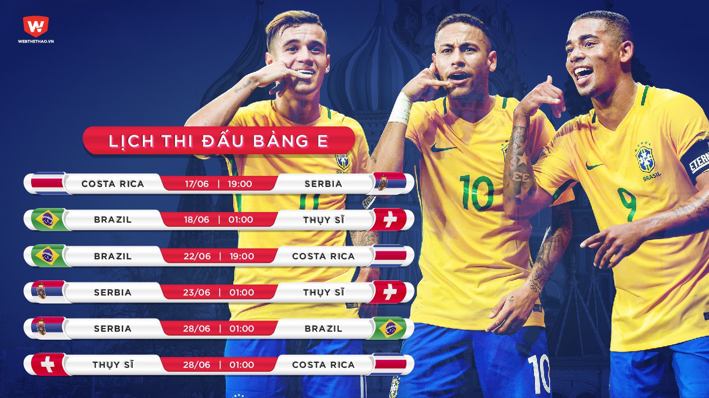 Lịch thi đấu chi tiết và tỷ lệ cược bảng E World Cup 2018