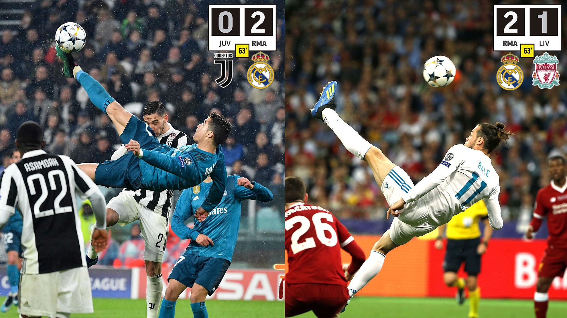 Cận cảnh so sánh hai pha xe đạp chổng ngược của Ronaldo và Gareth Bale