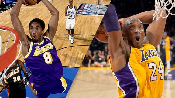 Kobe Bryant với 2 số áo khi thi đấu cho Lakers Kobe Bryant với 2 số áo khi thi đấu cho Lakers