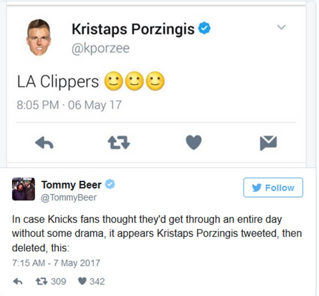 Thông điệp gây sốc của Kristaps Porzingis trên Twitter Thông điệp gây sốc của Kristaps Porzingis trên Twitter