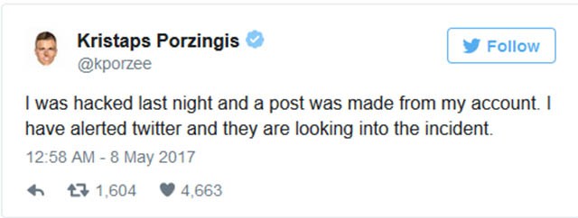 Kristaps Porzingis cho biết tài khoản Twitter bị hack Kristaps Porzingis cho biết tài khoản Twitter bị hack