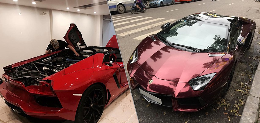 "Đại gia" Hà Thành chi hàng ngàn USD dán đổi màu Lamborghini Aventador Roadster