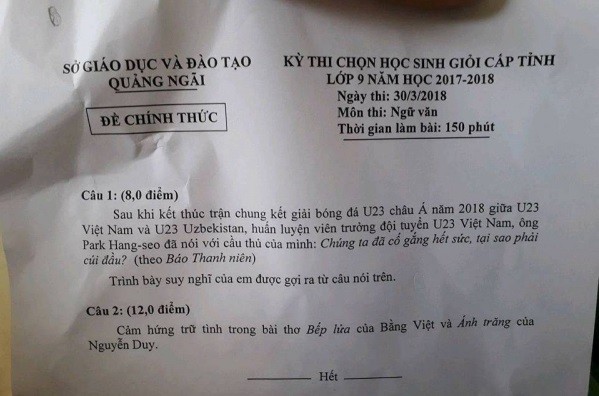 Câu nói của HLV Park Hang Seo trong trận chung kết U23 châu Á 2018 lọt vào đề thi văn HSG lớp 9 cấp tỉnh ở Quảng Ngãi. Câu nói của HLV Park Hang Seo trong trận chung kết U23 châu Á 2018 lọt vào đề thi văn HSG lớp 9 cấp tỉnh ở Quảng Ngãi.