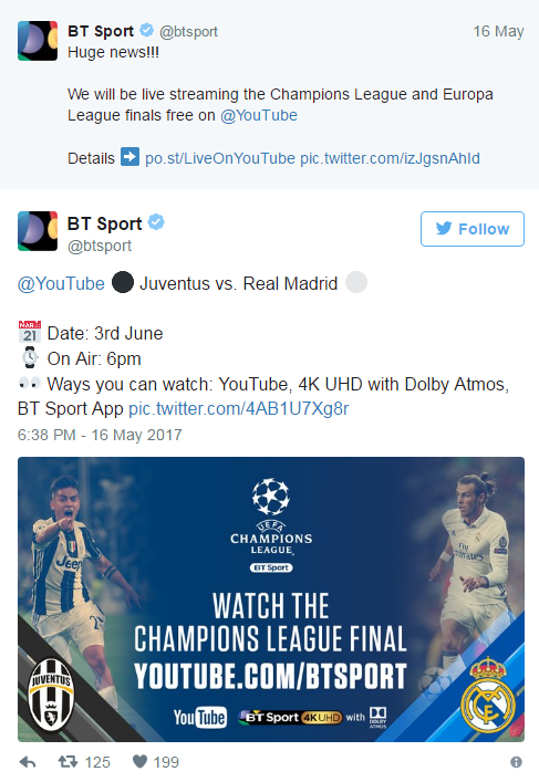 BT Sport sẽ ph&aacute;t trực tiếp chung kết Champions League tr&ecirc;n k&ecirc;nh Youtube