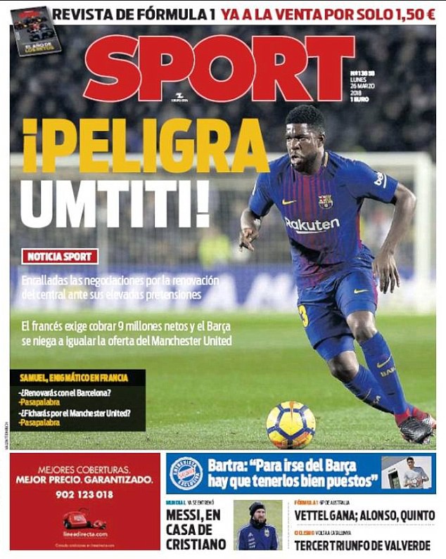 H&igrave;nh ảnh: Tờ Sport đưa tin về việc Umtiti g&acirc;y kh&oacute; dễ trong việc gia hạn hợp đồng