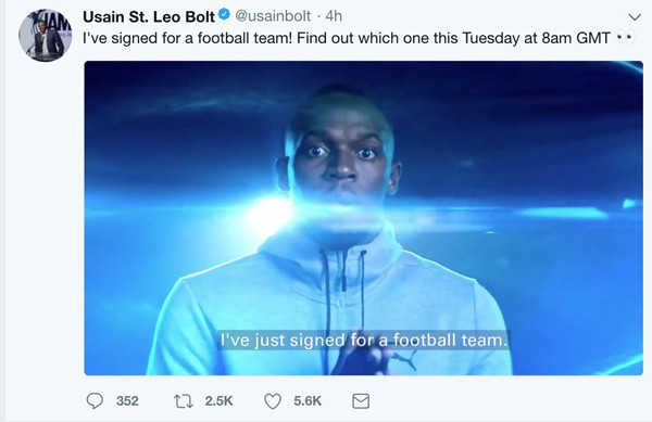 Usain Bolt thông báo trên Twitter về việc theo nghiệp cầu thủ Hình ảnh: Usain Bolt thông báo trên Twitter về việc theo nghiệp cầu thủ