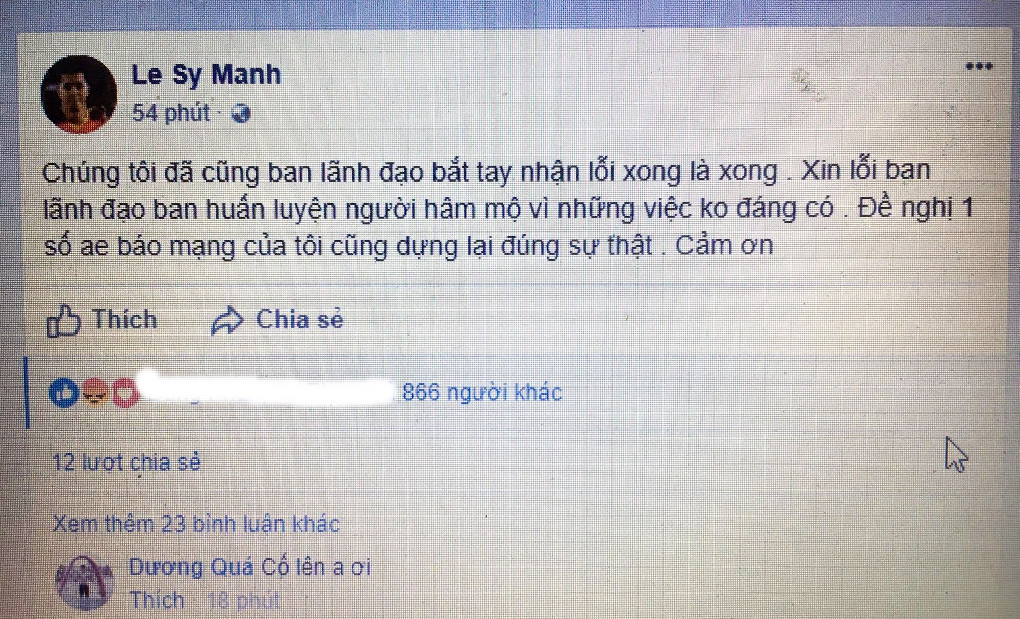 L&ecirc; Sỹ Mạnh xin lỗi NHM. Ảnh chụp m&agrave;n h&igrave;nh