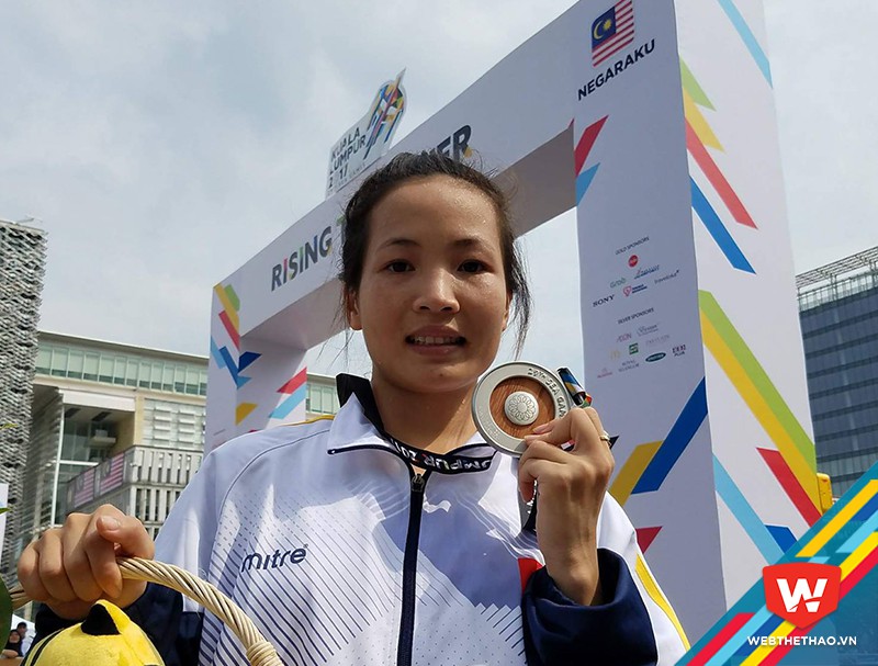Hoàng Thị Thanh mang về tấm huy chương đầu tiên cho điền kinh Việt Nam tại SEA Games 29. Ảnh: Đạt Nguyễn. Hoàng Thị Thanh mang về tấm huy chương đầu tiên cho điền kinh Việt Nam tại SEA Games 29. Ảnh: Đạt Nguyễn.