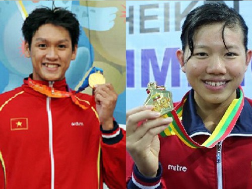 Khoảnh khắc Quý Phước và Ánh Viên đứng trên bục nhận giải cao nhất ở trường đua xanh