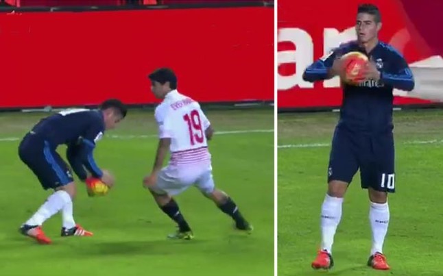 James Rodriguez hồn nhiên nhặt bóng trong trận cầu với Sevilla