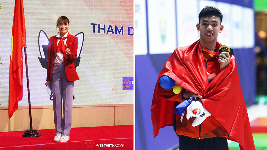 Quách Thị Lan và Nguyễn Huy Hoàng cầm cờ đoàn thể thao Việt Nam tại Olympic Tokyo 2021